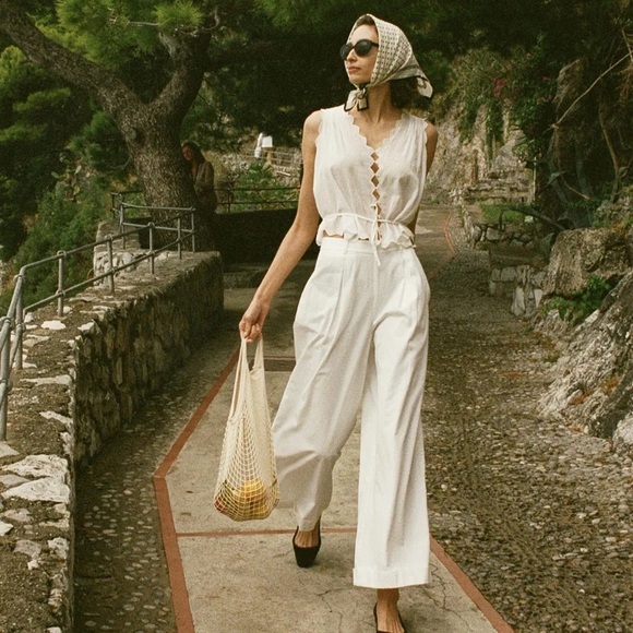 Doen Hilaire Cotton High Waist Wide Leg Cuff Palazzo Pants Trousers Salt White - Picture 2 of 14